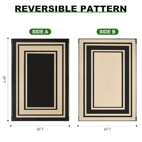 RURALITY Outdoor Rugs 6x9 Waterproof for Patios Clearance,Plastic Straw Mats for Backyard,Porch,Deck,Balcony,Reversible,Black and Beige - color: Panel-black&beige, size: 6' x 9' (Rectangular)