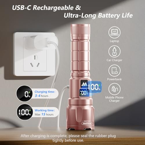WdtPro LED Rechargeable Flashlight 2 Pack, 3 Modes Super Bright High Lumens Flashlights, Zoomable Tactical Flash Light with LCD Display, IP65 Waterproof Flashlights for Home Emergency Camping - Pink - color: Pink