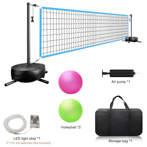 Pool Volleyball Net with Light - Portable Outdoor LED Volleyball Net with 2 Glowing Balls and Weighted Bases, Swimming Pool Sports Game Set, Adjustable Length 15-30FT for Inground Pools