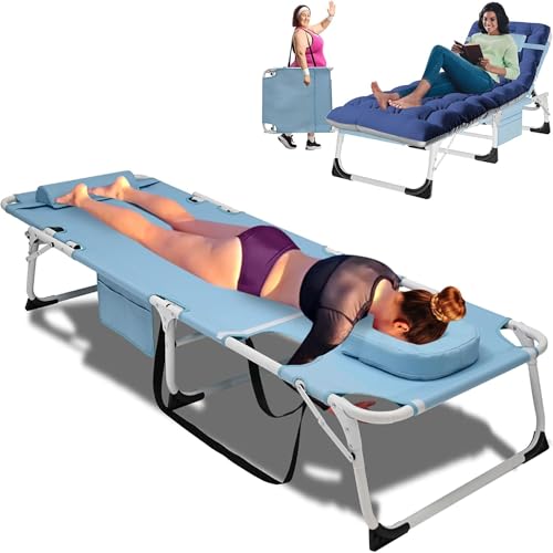 ABORON 4-in-1 Lounge Chair with Face & Arm Holes for Tanning, 440LB Heavy-Duty Folding Recliner with Plush Cotton Cushion, No Assembly Tri-Fold Guest Bed for Sunbathing, Poolside, Office Nap & Camping - color: Arctic Blue With Pad