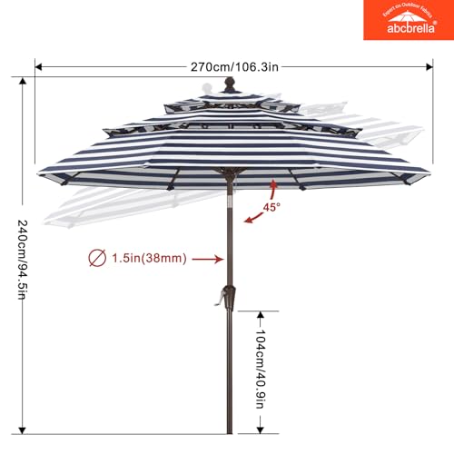 ABCCANOPY 5-Year 10-Year No Fading 9FT 3 Tiers Patio Umbrella, Outdoor Table Umbrella with 8 Sturdy Ribs for Deck, Backyard, Garden, Yard - color: Navy Stripe, size: 9FT, style: 5 Year Non Fading