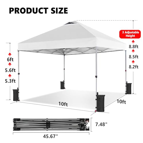 OLIXIS 10x10ft 1-Person Pop Up Canopy Tent, Heavy Duty One Push Setup Portable Outdoor Shelter for Beach Events Camping with Rolling Carry Bag, Snow White - color: Snow White, size: 10 X 10 Ft
