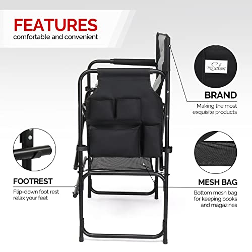 mefeir Extra Tall-30.7'' Professional Makeup Artist Director Chair Bar Height, Portable Folding Design with Side Table & Storage Bag, Heavy-Duty Steel Frame (300 lbs Capacity), 45.7'' Tall - color: Black/Gray, size: 31in