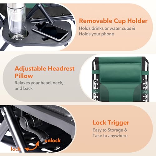 Sweetcrispy Zero Gravity Chairs, Foldable Patio Reclining Chairs with Adjustable Pillow & Cup Holder, Oversized Portable Support 400 lbs, for Backyard Camping(Black-Green) - color: Padded Black-green