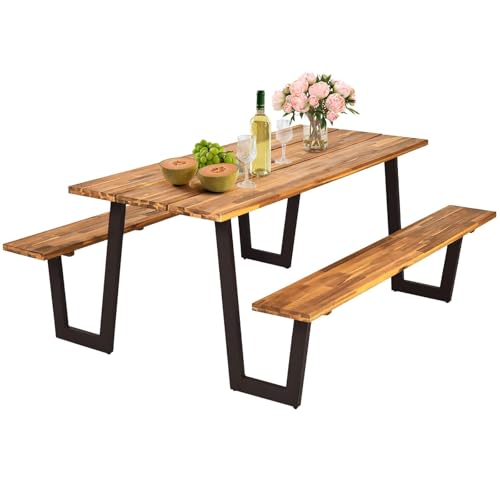 HAPPYGRILL Outdoor Picnic Table Bench Set with Wood Top & Steel Frame, Patio Dining Picnic Table Set with Umbrella Hole for Garden Backyard