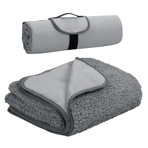 Tirrinia Large Waterproof Outdoor Blanket, Soft Warm Windproof Stadium Blanket with Sherpa Fleece and Foldable for Outdoor Sport, Baseball, Football, Beach, Concerts, Car - color: Light Grey, size: 51”x 59”