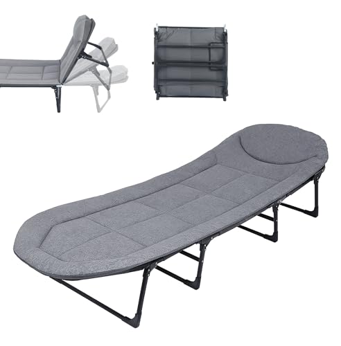 SnozeFlex Chaise Lounge Chair, Folding Cot, 6-Angle Adjustable Camping Cot with Mattress for Patio and Beach, Foldable Bed Portable Heavy Duty Lay Flat Reclining with Pillow (Grey, XL - 80")