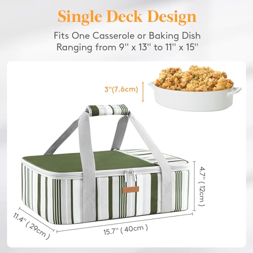 LUNCIA Insulated Single Decker Casserole Carrier, Lasagna Lugger Tote Keeps Food Hot or Cold, Thermal Lunch Bag for Potluck Parties, Picnic and Cookouts, Fits 9" x 13" Baking Dish, Dark Green - color: Dark Green, size: 15.7 x 11.4 x 4.7inch