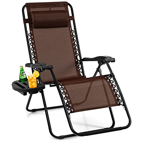 Giantex Zero Gravity Reclining Chair, Outdoor Patio Recliner with Cup Holder & Removable Pillow, Adjustable Backrest, Indoor Lounge Chair for Backyard, Garden, Poolside (Brown) - color: Brown, size: 1 Count (Pack of 1)