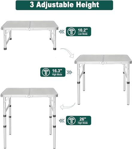 REDCAMP Small Camping Table 2 Foot, Portable Aluminum Frame Folding Table Adjustable Height Lightweight for Picnic Beach Outdoor Indoor, White 24 x 16 inch (3 Heights) - size: 2-Feet (3 heights 10"/19"/26")