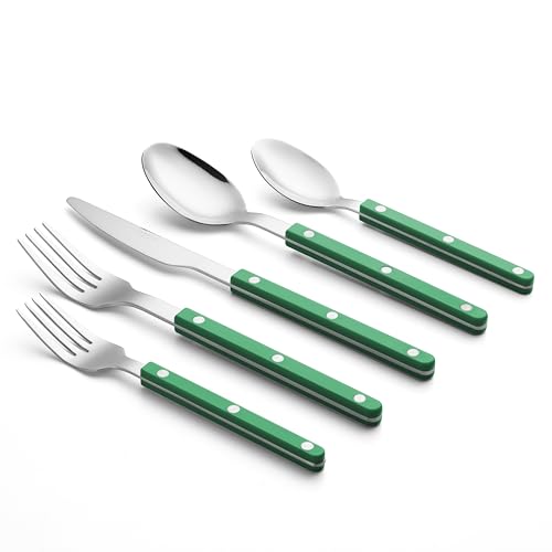 ANNOVA Silverware Set, Retro/Rivet Colorful Stainless Steel Tableware Kitchen Flatware Set Utensils, Includes Dinner Knives, Forks, Spoons, Salad Forks & Dessert Spoons (Green, 10 Pieces) - color: Green