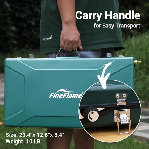 FineFlame Camping Stove, Propane Portable Camp Stove with Regulator, Push-Button Instant Ignition, Adjustable Burners & Wind Guards for Car BBQ Picnics Outdoor Camping Cooking (20400 BTUs- 3 Burners) - color: Green-3 burner-20400BTU