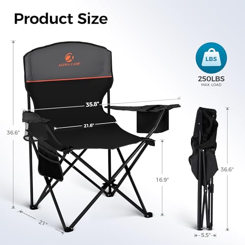 ALPHA CAMP Camping Chairs 350LBS Capacity, Heavy Duty Folding Chair with 4-Can Cooler Bag, Portable Outdoor Chair with Cup Holder for Adults, Collapsible for Tailgating, Beach, Fishing - color: Black&grey, style: camping chairs