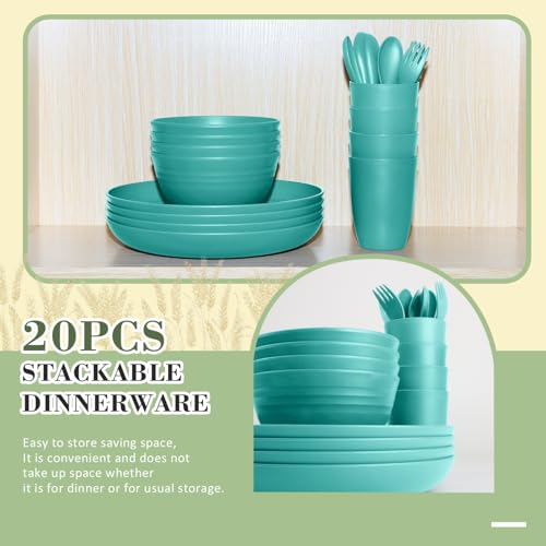 Wrova Wheat Straw Dinnerware Sets of 20,Dishwasher Safe Kitchen Plates and Bowls Sets,Camping Dishes Sets Contains Dinner Plates,Cereal Bowls,Drinking Cups and Flatware.(Green) - color: Green, size: 20 Pack