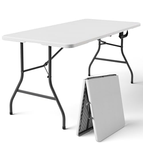 Folding Table, 5FT Foldable Picnic Table with Carrying Handle, Heavy Duty Fold-in-Half Portable Table for Weddings, Camping, RV Travel, Parties, BBQs, and Indoor Use, Easy to Fold and Store, White - color: White, size: 5FT