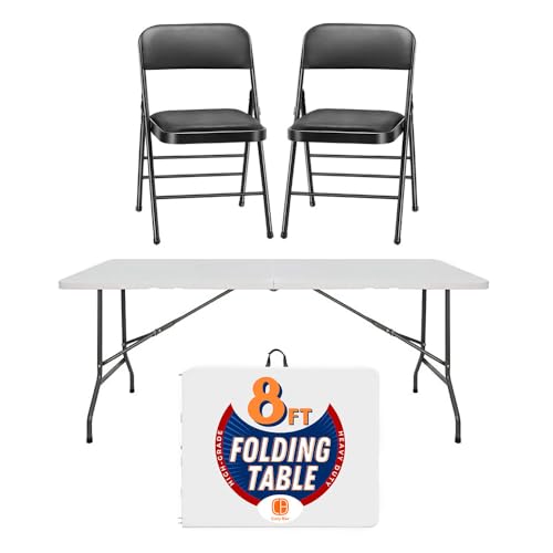 Combo 8FT Folding Table with 2-Pack Folding Chairs Indoor Outdoor Heavy Duty Portable Folding Plastic Dining Table w/Handle, Lock for Picnic, Party, Camping - White (8ft) - size: 8 ft + 2 Set Folding Chair Vinyl Black