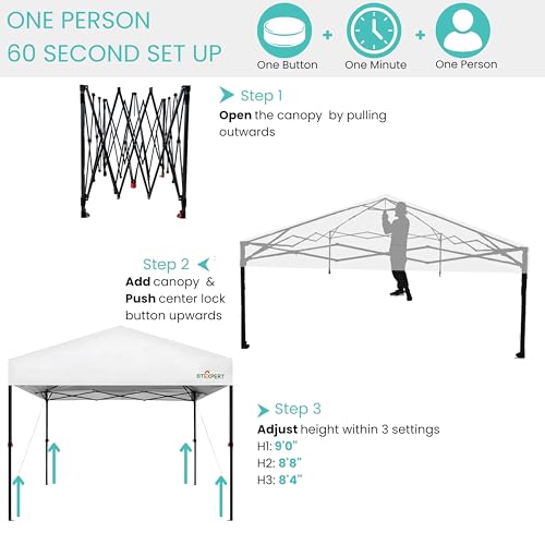 BTEXPERT 10x10ft 1-Person Setup Instant Pop Up Canopy Tent, One Touch Portable Commercial Shelter Outdoor Gazebo 1-Button Push Carrying Wheeled Bag for Home Party Deck Beach Wedding Camping Backyard - color: White, size: 10x10ft