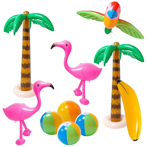R HORSE Inflatable Palm Tree Flamingo Banana Beach Ball Parrot Beach Pool Toys for Tropical Hawaiian Luau Party Summer Pool Beach Party Decorations - style: Palm Tree+Flamingo+Banana+Beach Ball+Parrot