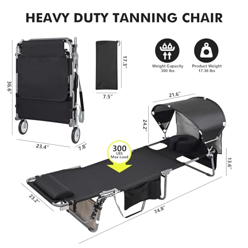 Wheel-To-Go Tanning Chair with Wheels & Sun Canopy Umbrella & Face Hole | Portable Heavy Duty Folding Lounge Chair | Outside Sunbathing Reading Beach Poolside Lawn | Lay Flat | 300 LBS (Patent Design) - color: Black, style: Standard Size + Sun Canopy Styl