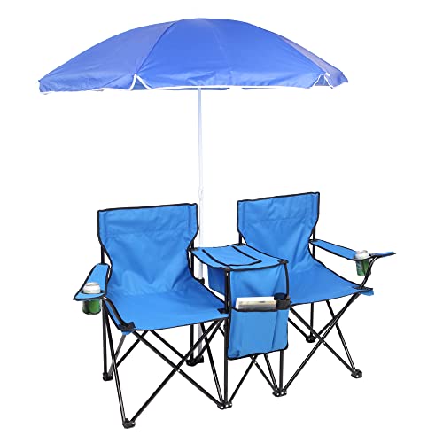Double Folding Camping Chair W/Umbrella Fold Up Table Beverage Holder Carrying Bag Cooler for Patio Pool Park Outdoor Beach, Picnic, Portable (Blue) - color: Blue