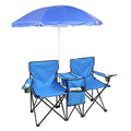 Double Folding Camping Chair W/Umbrella Fold Up Table Beverage Holder Carrying Bag Cooler for Patio Pool Park Outdoor Beach, Picnic, Portable (Blue) - color: Blue