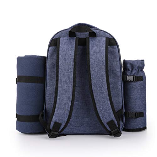 Apollo Walker Picnic Backpack Bag for 2 Person with Cooler Compartment, Detachable Bottle/Wine Holder, Fleece Blanket, Plates and Cutlery Set (2 Person, Navy) - color: Navy, size: 2 Person