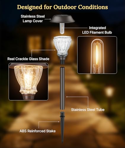 XMCOSY+ Solar Pathway Lights Outdoor, 8 Pack Decorative Crackled Glass Garden Lights, Soft Warm White Glow, Auto On/Off Waterproof Landscape Lighting for Yard Walkway Patio - size: 8 Packs