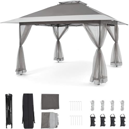Bezseller 13x13 Pop Up Gazebo with Mosquito Netting, Easy 1-Person Setup Outdoor Canopy, Water-Resistant Portable Shelter for Patio, Backyard & Garden, UV Protection, Deep Grey - color: Deep Grey, size: 13"x13"