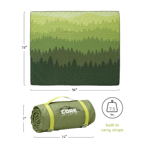 CORE Outdoor Weighted Blanket | Packable Waterproof Picnic Blanket, Beach Mat, Tent Camping Rug, & Stadium Blanket | Large Portable 94" x 78" Quilt Design with Built-in Straps and Carry Handle - color: Evergreen Vista