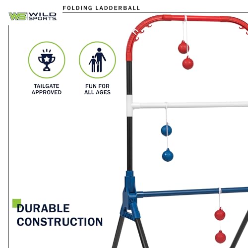 Wild Sports Folding Ladderball Set - Black/Red/Blue, 22" W x 40" H - Foldable Design for Outdoor Sports - Weather-Resistant Build for Beach Games - Wide Base & Metal Anchors for Lawn Games - color: Black/Red/Blue