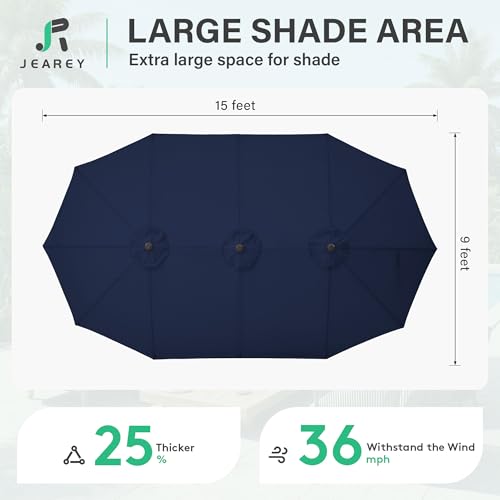 JEAREY 15ft Large Patio Umbrella with Base, Outdoor Rectangle Umbrella Double-Sided Market Umbrella with Stand for Pool, Deck, Backyard and Garden, Navy - color: Navy