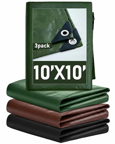 SmoothNovelty 3 Pcs Large Waterproof Tarp 10 x 10 ft Heavy Duty 5.5 Mil Thick Poly Tarpaulin with Grommets Multipurpose Protective Cover for Summer Home Boats Cars Camping Rv Pool Tent - color: Green,brown,black, size: 10 x 10 ft