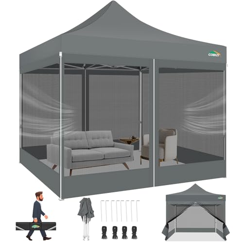 COBIZI 10x10 Canopy Tent with 4 Sidewalls,Heavy Duty Pop up Canopy with Mosquito Netting,Easy up Screen Tent for Parties Wedding Outdoor Camping with Handbag,Gray - color: Gray, size: 10x10ft(upgraded)