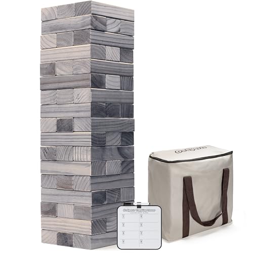 GoSports Giant Wooden Outdoor Stacking Game – Stacks Up to 3 ft – Large Toppling Tower with Case for Yard Games, Family Game Night, Camping, and Parties - color: Gray Wood Stain