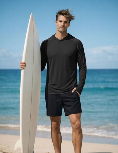 KEFITEVD Men's Sun Protection UPF 50+ Hoodie Shirts Long Sleeve Swimming Fishing Shirt SPF UV Quick Dry Rash Guards - color: Black, size: XX-Large