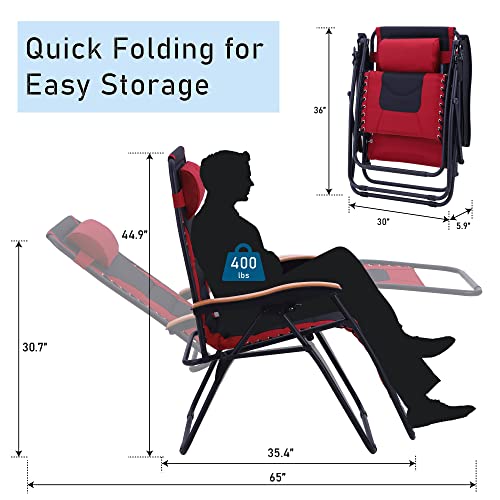 PHI VILLA XXL Oversized Padded Zero Gravity Chair, Foldable Patio Recliner, 30" Wide Seat Anti Gravity Lounger with Cup Holder, Support 400 LBS (Red) - color: Red, style: 1 Pcs