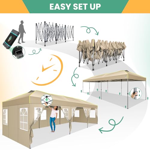 COBIZI 10x30 Pop Up Canopy Tent, Wedding Party Tent with 8 Sidewall One Push Setup Glow, 3 Adjustable Height Air Vent Waterproof UPF50+, Wheeled Bag, 4 Sandbag, 8 Stake, Ropes for Commercial, Outdoor - color: Khaki, size: 10x30 with 8 Sidewalls