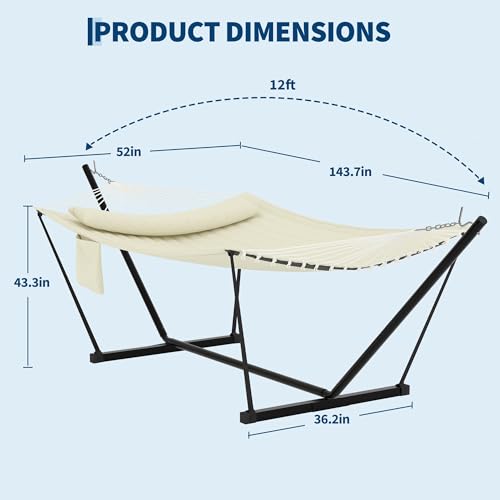 2 Person Double Hammock with Stand & Pillow, 450 LBS Heavy Duty Outdoor Hammock with Balance Rope for Patio Backyard Poolside