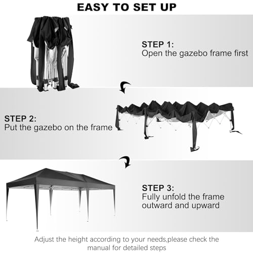 COBIZI 10x20 Pop Up Canopy Tent Party Tents for Parties Weddings Backyard Waterproof Outdoor Commercial Instant Canopy Event Tent with Stakes, Ropes,Sandbags, Black - color: BLACK, size: 10x20FT without sidewall