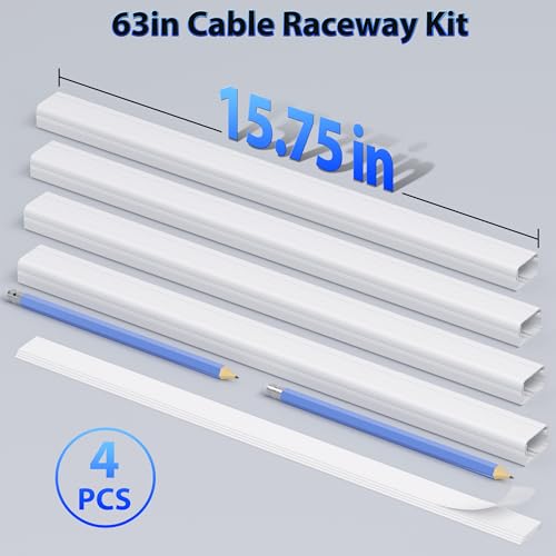 ZhiYo Large Capacity Wire Hiders for TV on Wall, 63in (4xL15.8in) PVC Cable Cover, Snap and Lock Design, White Cord Covers for Wires on Wall - color: White, size: W1.2in x H0.7in - L63in