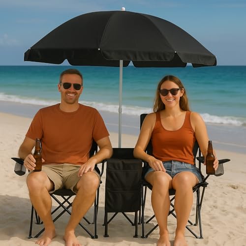 GoTEAM! Portable 2-Seat Folding Camp Chair with Cooler, Umbrella & Cup Holders – Outdoor Picnic, Beach, or Tailgate Seating – Carry Case Included - color: Black