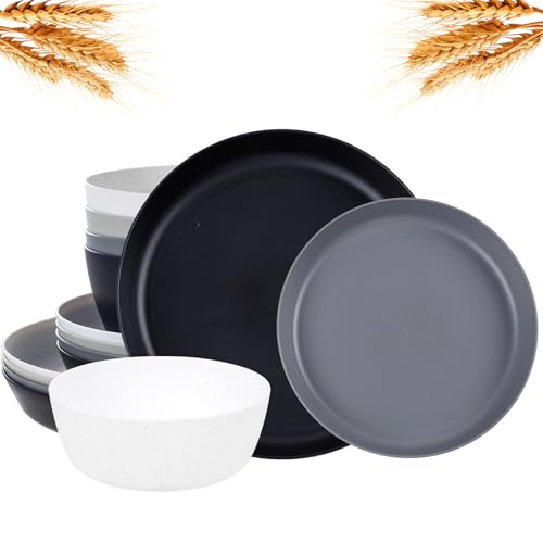 EI 12pcs Wheat Straw Plates,Wheat Straw Dinnerware Set,Plate and Bowls Sets,Plastic Plates Reusable-White,Black,Grey,Dark Grey,Dinner Plate Set of 4 Kitchen,Picnic - color: Black,White,Grey and Dark Grey Wheat Straw Plates and Bowls