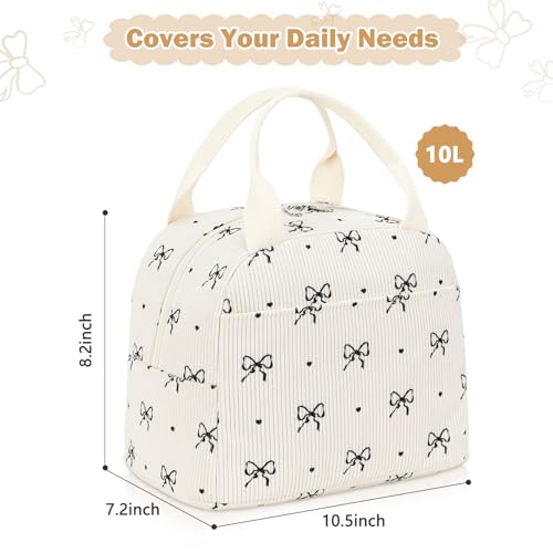 EurCross Cute Bow Tie Lunch Bag for Girls, Ivory Corduroy Insulated Lunch Bag for Two-Meal Space Perfect for School Days, Commuting, fits Bento Boxes, Round Containers, Designer Lunchboxes - color: Ivory