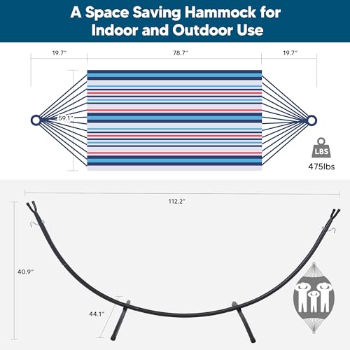 SUNCREAT Hammocks for Outside with Stand, Porch Hammock and Stand, 475 lbs Capacity, Blue & Red Stripes - color: Blue Red
