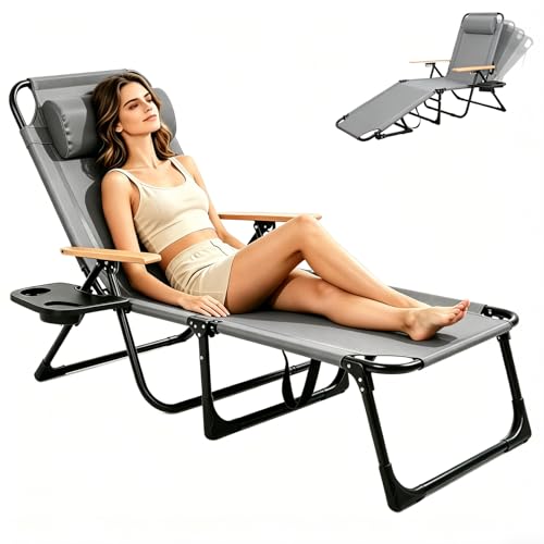 Foldable Chaise Lounge Chair Outdoor, Tanning Chair with 4-Position Reclining Back, Folding Sun Lounger, Outdoor Lounge Chair for Beach, Poolside, Backyard, Camping, UPF 50 - color: Grey3
