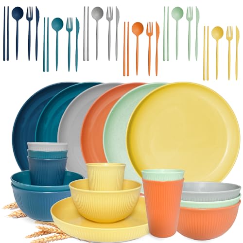 SHECIPIN 42Pcs Wheat Straw Dinnerware Sets, Unbreakable Plates and Bowls Sets, Eco Friendly Non Breakable Dinnerware, Dishwasher Microwave Safe Dinnerware - color: Colorful