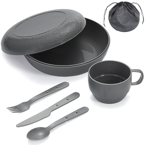 Berglander Camping Mess Kit with Bowl, Plate, Cup, Spoon, Fork, Knife and Carry Bag, Plastic Camping Accessories Essentials Gear for Travel, Camping, Picnic, Outdoor, Easy to Carry & Store - color: 2.Gray