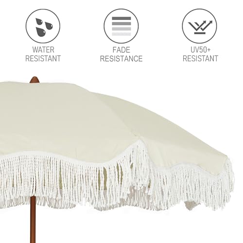 AMMSUN 6.5ft Boho Outdoor Umbrella with Fringe, UPF 50+ Picnic Umbrella with Tassels, Premium Steel Pole and Push Button Tilt, Light Beige - color: Light Beige