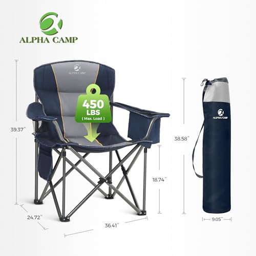 ALPHA CAMP Heavy Duty Camping Chair 500LBS Capacity, Oversized Folding Chair for Heavy People, Padded Portable Outdoor Chair with Cooler Bag & Cup Holder for Camping, Fishing, Beach - color: Navy Blue, size: 1PC