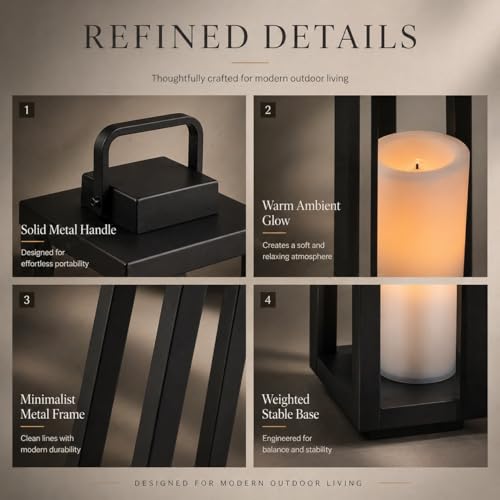 H16 Modern Outdoor Solar Lantern Black Metal Frame with Flickering LED Candle Waterproof and Portable for Patio Deck or Pathway Decorative Sconce with Warm LED - size: H16"